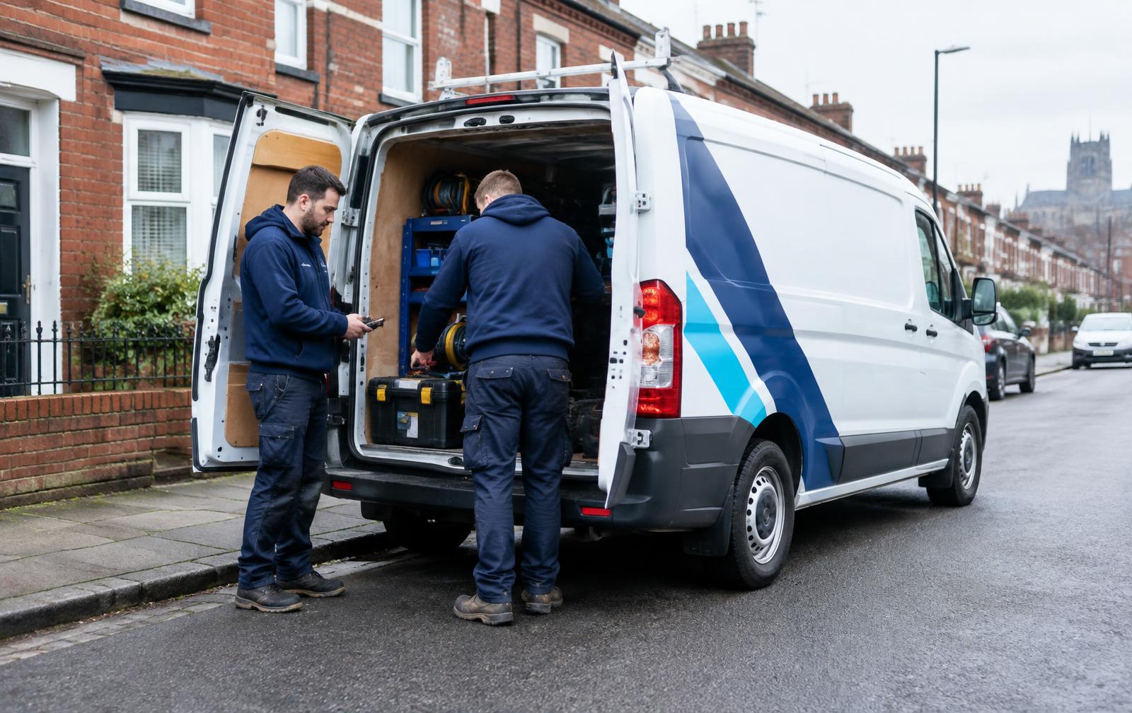 Plumbing team preparing equipment beside a service van on a Liverpool street